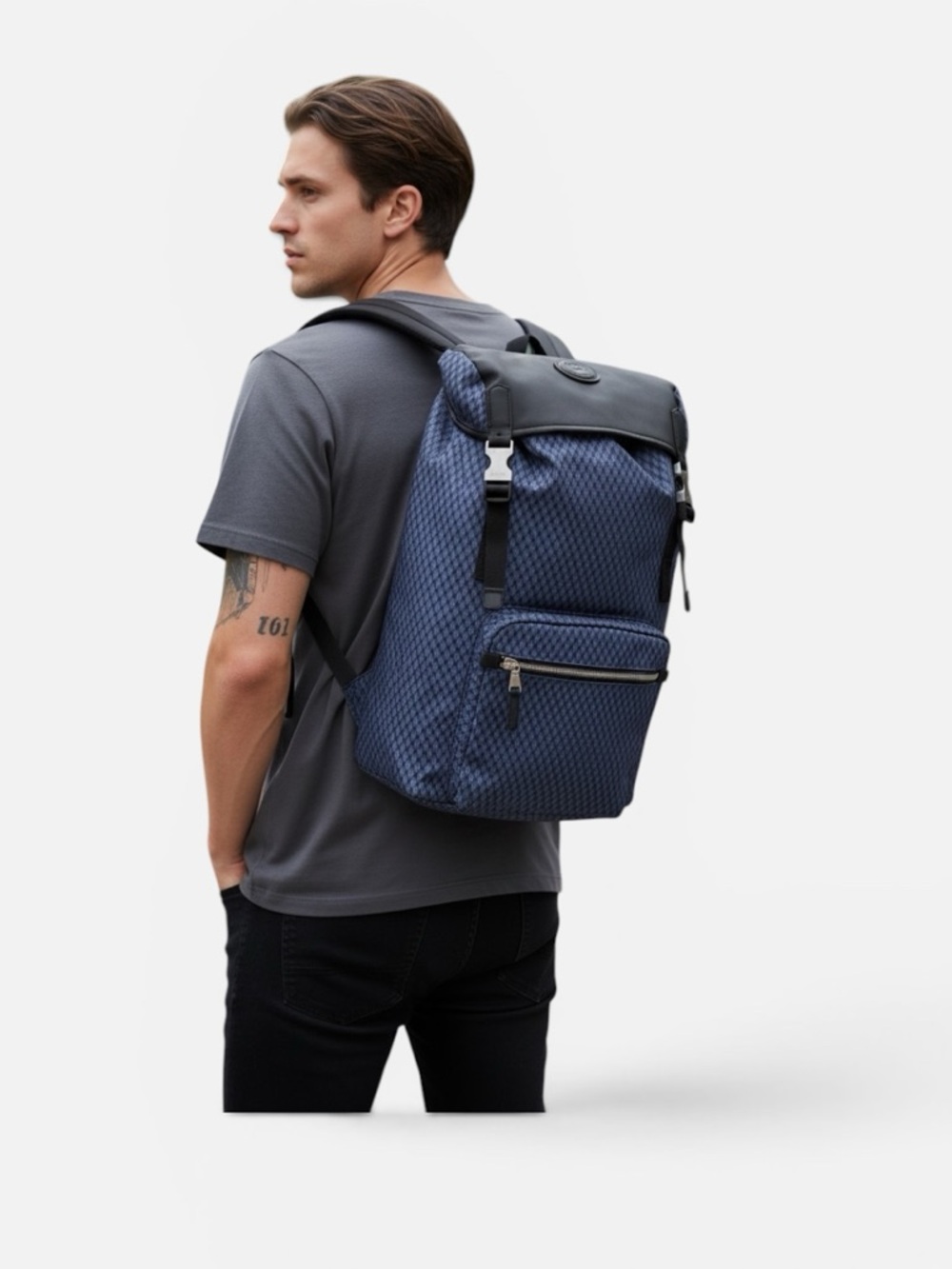 Alfred Dunhill Backpack Blue Geometric Nylon Leather Trim Luxury Designer Bag